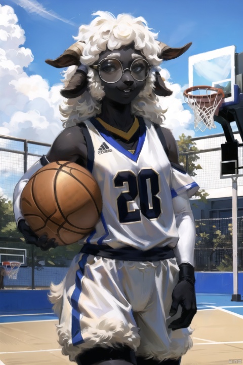  masterpiece,furry sheep girl,BlacknoseSheep,player_uniform,play basketball,black face,basketball court,glasses