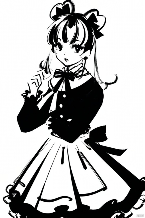  1girl,lolita fashion,mrn0093,simple background, looking at viewer, bangs, monochrome,brush inkling, , masterpiece, best quality, very aesthetic, absurdres