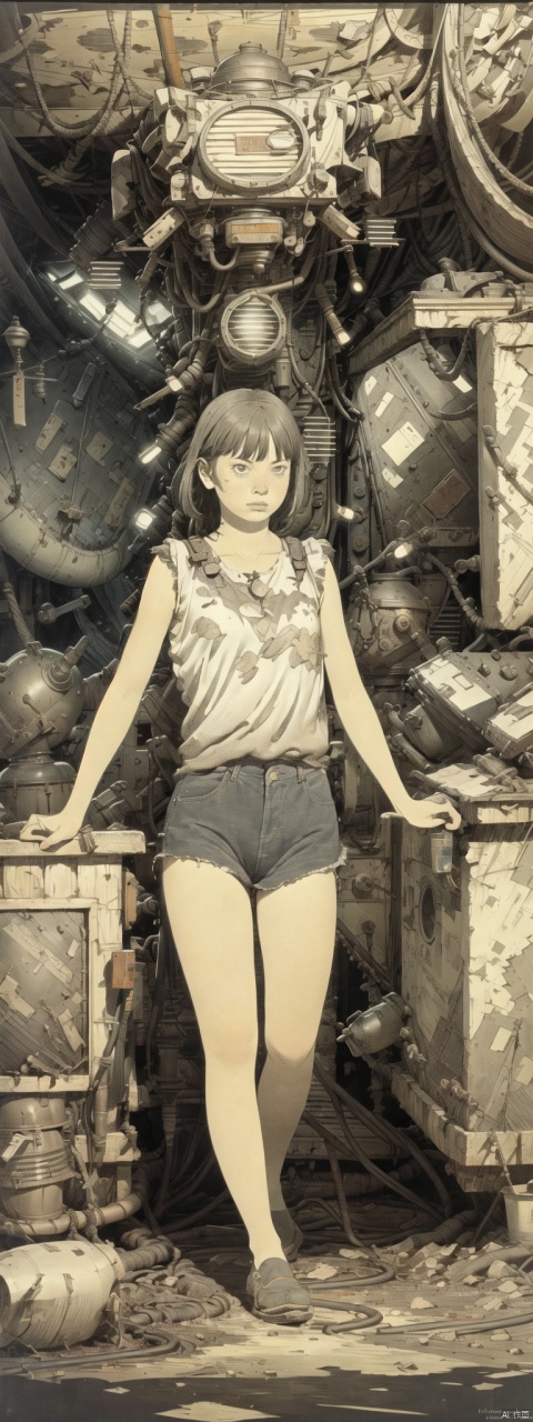 8k,absurdres, highres, ultra detailed, masterpiece, sharp shading,under,Tatsuyuki,
1girl,abandon staion,monocolor,gaint machine,(obsolete machine:1.3),
(solo:1.2),1girl,masterpiece,