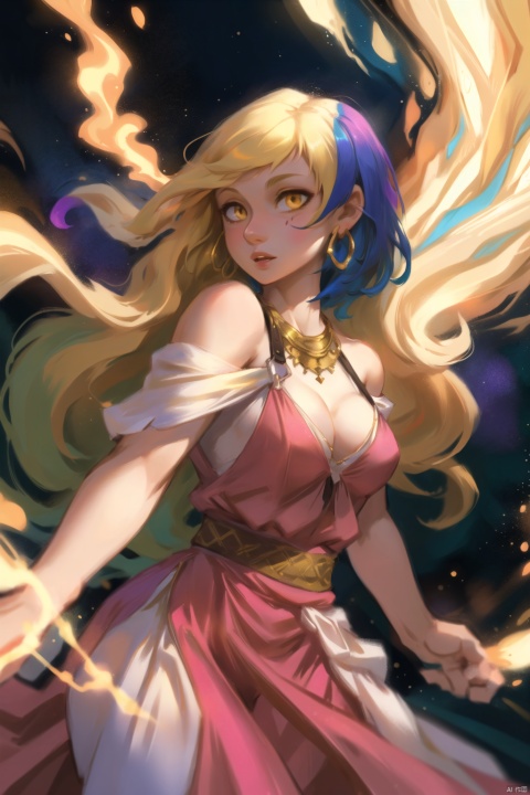  2girls,Bangs, off shoulder, colorful_hair, ((colorful hair)),golden dress, yellow eyes, chest, necklace, pink dress, earrings, floating hair, jewelry, sleeveless, very long hair,Looking at the observer, parted lips, pierced,energy,electricity,magic,tifa,sssr,blonde hair,jujingyi, wangyushan, dofas, forehead mark, (\yan yu\), qingyi