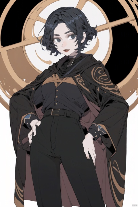 (masterpiece, best quality:1.2),patterned background, cowboy shot, solo, 1girl, ozen, expressionless, closed mouth, looking at viewer, hands on hips, black jacket, black cape, black pants