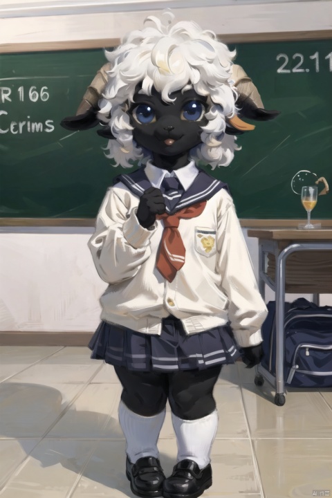  masterpiece,furry sheep girl,BlacknoseSheep,school_uniform,chibi,black face