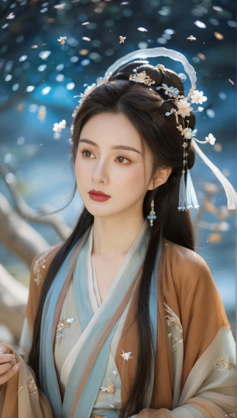 a woman dressed in a traditional chinese Brown hanfu,set against a cosmic backdrop,the woman has a serene expression,wide-eyed,her hair is styled in an intricate updo,and she wear a delicate headpiece,the hanfu is a flowing garment with a gradient of colors,transitioning from a blue at the bottom,environment to nebulae ethereal at night,the background is a starry sky,