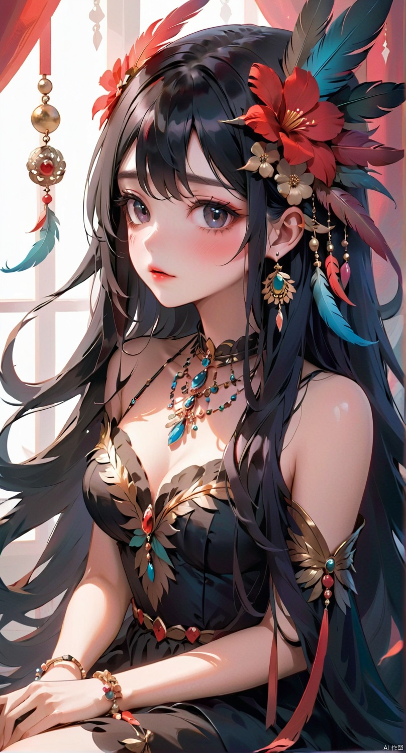 1girl,solo,long hair,black hair,feathers,sitting,dress,looking up,parted lips,flower,jewelry,