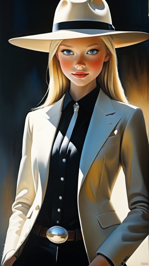Best quality,masterpiece,ultra high res,(photorealistic:1.4),raw photo,light smile,1girl,blonde hair,detailed eyes and face,White Skin,black suit,dynamic lighting,in the dark,deep shadow,low key,cowboy shot full-lenght body,, 