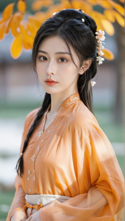 ,a girl,solo,in a Light orange dress,looking at viewer,upper body,outdoor,chinese clothes,hanfu,blurred background,