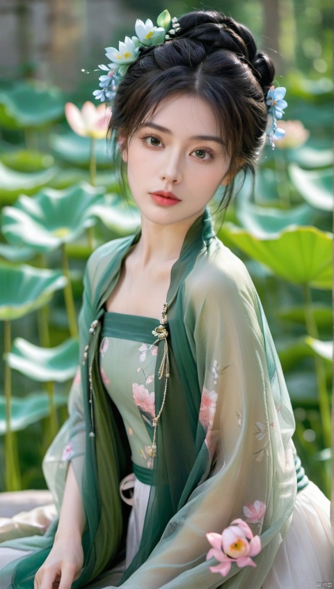 ,a girl wearing a traditional Hanfu, The Hanfu is predominantly green with a sheer overlay, adorned with delicate floral patterns, The model's hair is styled in an intricate updo, with decorative hairpins and a floral accessory, She has a serene expression, with her eyes looking directly at the camera, The background is a lush green, possibly a garden or pond, with lotus flowers, The overall composition is a harmonious blend of traditional aesthetics and modern photography techniques,