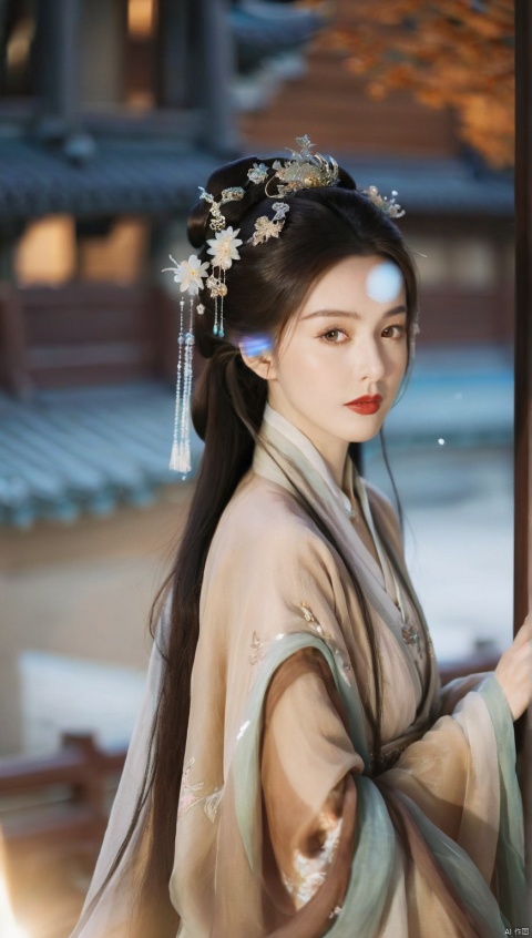 hanfu,a woman dressed in a traditional chinese Brown hanfu,set against a cosmic backdrop,the woman has a serene expression,wide-eyed,her hair is styled in an intricate updo,and she wear a delicate headpiece,the hanfu is a flowing garment with a gradient of colors,transitioning from a blue at the bottom,environment to nebulae ethereal at night,the background is a starry sky,