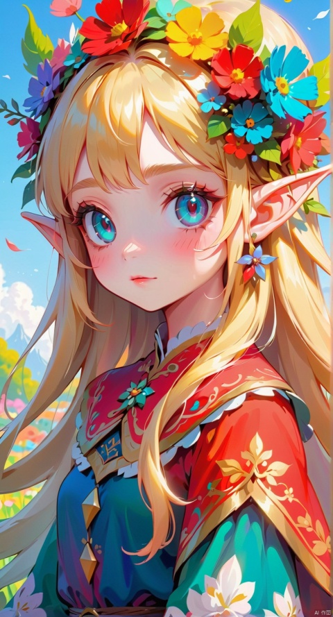 Illustrative style,1girl,front view,full body:1.4,young woman elf,cute cartoon character,She wore a garland of flowers on her head,Long blonde hair,blue eyes,vibrant colors,colorful,cute,adorable,intricately-detailed,delicate,beautiful,stunning,breathtaking,intricate detail,insanely high detail,volumetric lighting,fantasy background.flat,best quality,TT seecolor Flower field,
,