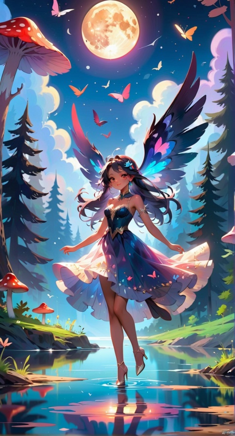 ((masterpiece)),best quality,1girl,cowboy shot,(Whimsical:1.3) (Luminous:1.2) (Delicate:1.3) (Alluring:1.3) (A young woman) (Wearing a dress made of moonlight and starshine) (Hair as dark as a raven's wing) (Eyes like sparkling diamonds) (Skin with a soft, otherworldly glow) (Dancing on air, weightless as a feather) (Butterflies and hummingbirds flitting around her) (A forest filled with glowing mushrooms) (A full moon shining in the sky) (Soft music playing in the background) (A crystal-clear lake reflecting the stars),,