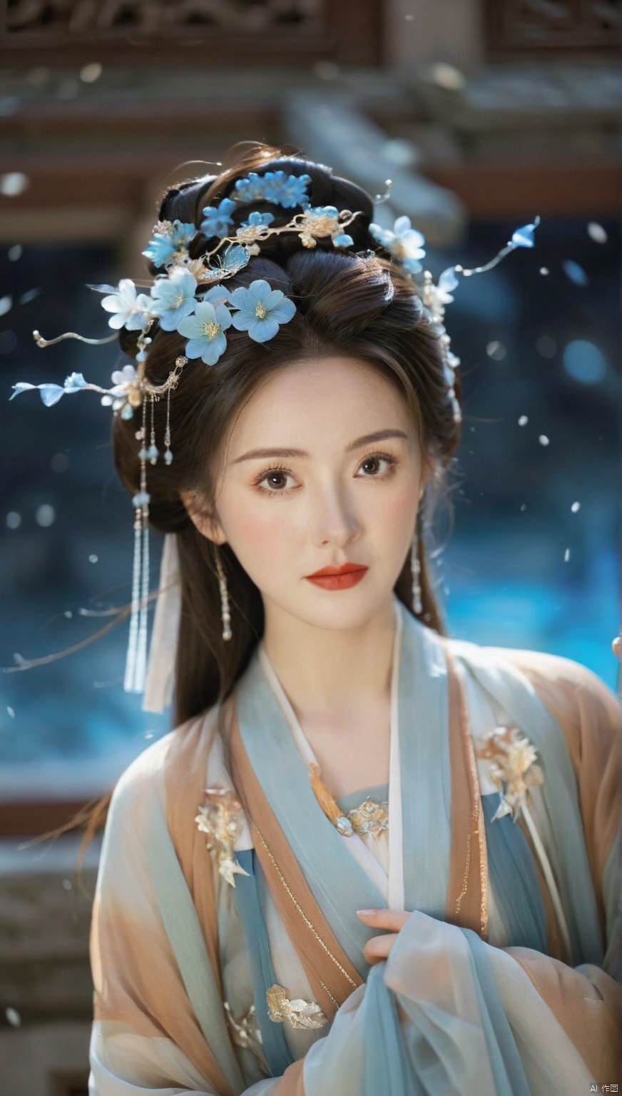 a woman dressed in a traditional chinese Brown hanfu,set against a cosmic backdrop,the woman has a serene expression,wide-eyed,her hair is styled in an intricate updo,and she wear a delicate headpiece,the hanfu is a flowing garment with a gradient of colors,transitioning from a blue at the bottom,environment to nebulae ethereal at night,the background is a starry sky,