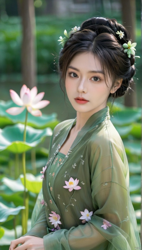 ,a girl wearing a traditional Hanfu, The Hanfu is predominantly green with a sheer overlay, adorned with delicate floral patterns, The model's hair is styled in an intricate updo, with decorative hairpins and a floral accessory, She has a serene expression, with her eyes looking directly at the camera, The background is a lush green, possibly a garden or pond, with lotus flowers, The overall composition is a harmonious blend of traditional aesthetics and modern photography techniques,