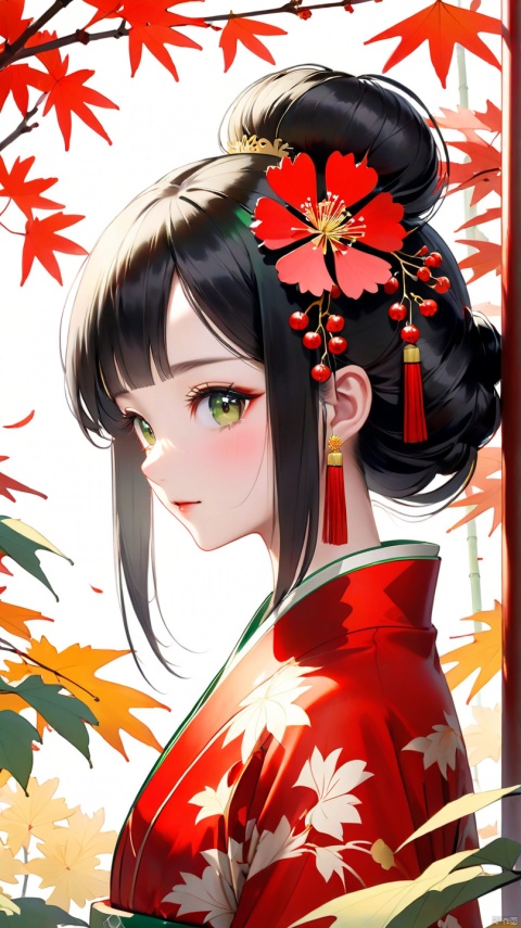 Autumn afternoon, maple leaves are red, ginkgo biloba yellow. In a delicately elegant hexagonal pavilion, an ancient beauty dressed in emerald bamboo-patterned Xiang Fei yarn stops in front of a flower bed blooming with chrysanthemums. Her black hair was combed into a high flying bun with a carved amber hairpin. The two strands of hair hanging down her forehead were gently lifted by the delicate silver plum blossom, which reflected a soft glow in the sun.