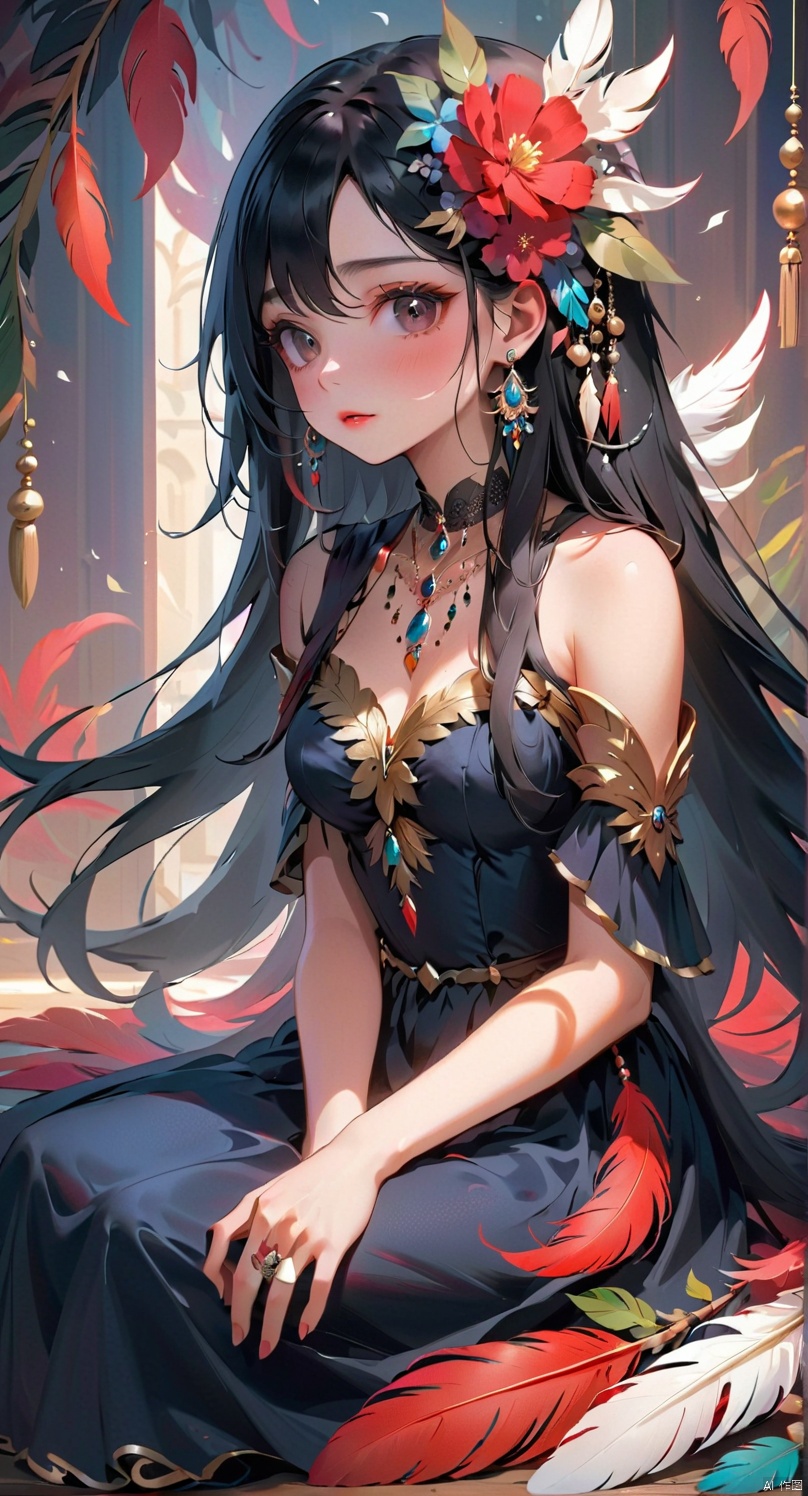 1girl,solo,long hair,black hair,feathers,sitting,dress,looking up,parted lips,flower,jewelry,