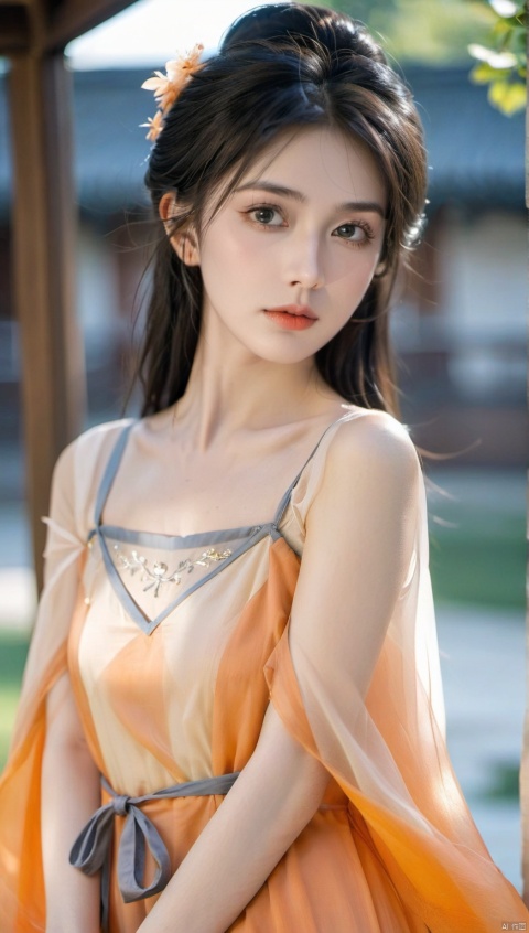 ,a girl,solo,in a Light orange dress,looking at viewer,upper body,outdoor,chinese clothes,hanfu,blurred background,Soft light