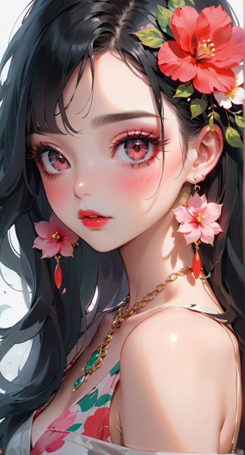 1girl,flower,solo,closed eyes,jewelry,black hair,makeup,long hair,necklace,earrings,pink flower,lipstick,red lips,facing viewer,