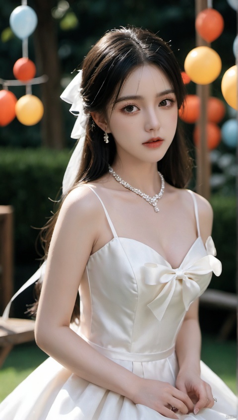 (masterpiece:1.2),1girl,photorealistic,pale_skin,realistic skin,medium breast,(looking away),(cleavage:0.8),long hair,straight_hair,black hair,drooling,open mouth,(expressionless),white gloves,choker,ribbon,bow,hair bow,(wedding dress),finger to mouth,hair ribbon,garden,