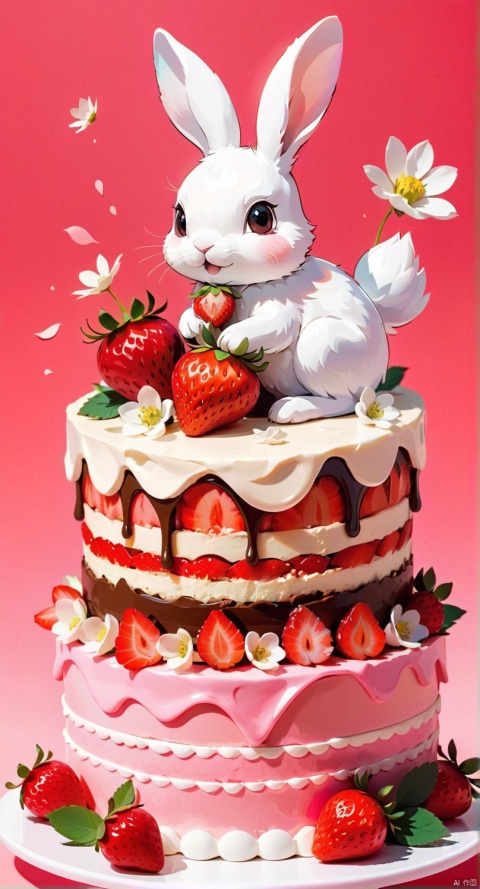 strawberry, food, no humans, food focus, fruit, rabbit, flower, white flower, pink background, cake,,
