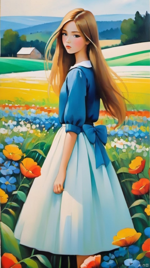 flower field,oil painting,bow,skirt,long hair,1girl,hair tucking