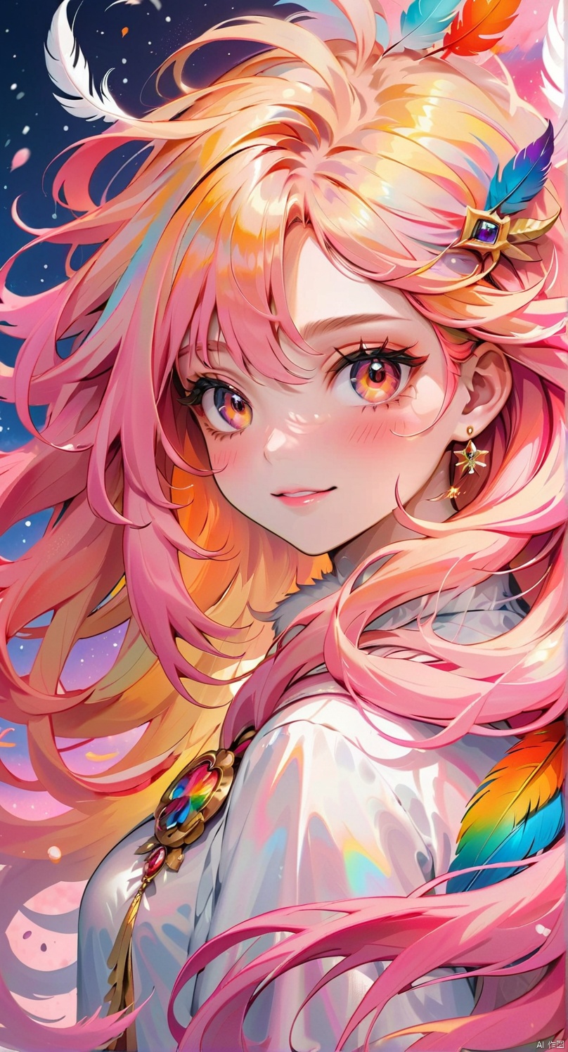 masterpiece,best quality,1girl,smile,golden and orange swirling vortexes colourful cloudy and smoke and colorful background,(snowing) (( swirling vortexes colourful hair)),wear white fur coat,((long Hair)),((right side)),emotional face,studio light,studio,(((makeup portrait, pink eye shadow))),((with many golden and orange swirling vortexes colourful snow and feather on face)),