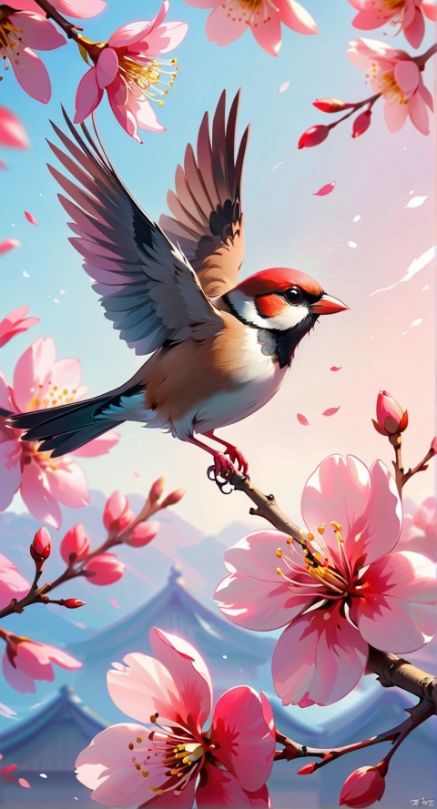 ljcc,((best quality)), masterpiece, HD,HDR,8K,haibao,no humans, bird, flower, branch,animal, pink flower, flying,gradient, cherry blossoms, depth of field, gradient background,sky, red flower, animal focus, day, outdoors, blurry background, petals, sparrow