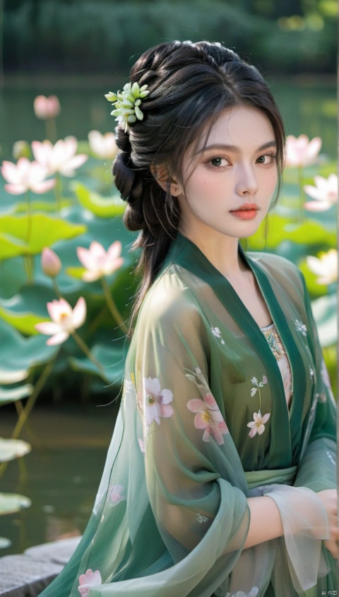 ,a female model wearing a traditional Hanfu, The Hanfu is predominantly green with a sheer overlay, adorned with delicate floral patterns, The model's hair is styled in an intricate updo, with decorative hairpins and a floral accessory, She has a serene expression, with her eyes looking directly at the camera, The background is a lush green, possibly a garden or pond, with lotus flowers, The overall composition is a harmonious blend of traditional aesthetics and modern photography techniques,