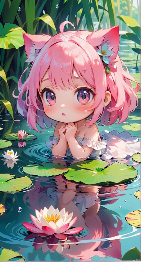 blush stickers, no humans, :3, lily pad, animal, water, solid circle eyes, animal focus, flower, outdoors, looking at viewer, artist name,