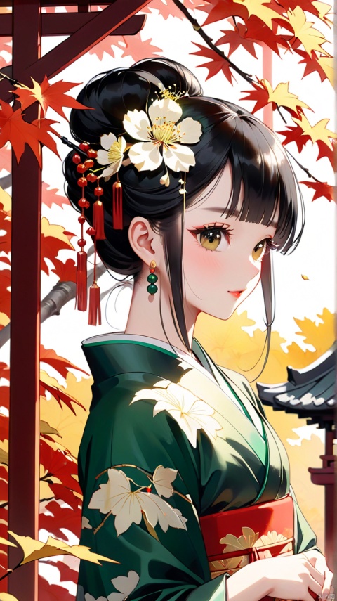 Autumn afternoon, maple leaves are red, ginkgo biloba yellow. In a delicately elegant hexagonal pavilion, an ancient beauty dressed in emerald bamboo-patterned Xiang Fei yarn stops in front of a flower bed blooming with chrysanthemums. Her black hair was combed into a high flying bun with a carved amber hairpin. The two strands of hair hanging down her forehead were gently lifted by the delicate silver plum blossom, which reflected a soft glow in the sun.