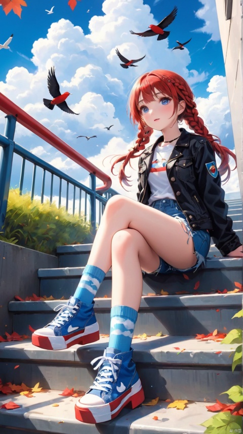 Girl, red shoes, blue socks, black jacket, sitting, clouds, outdoors, braids, birds, blue sky, long sleeves, denim shorts, leaves, long hair, stairs, bangs, cloudy, shot from below, wide Angle lens