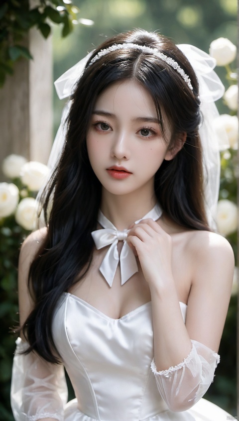 (masterpiece:1.2),1girl,photorealistic,pale_skin,realistic skin,medium breast,(looking away),(cleavage:0.8),long hair,straight_hair,black hair,drooling,open mouth,(expressionless),white gloves,choker,ribbon,bow,hair bow,(wedding dress),finger to mouth,hair ribbon,garden,