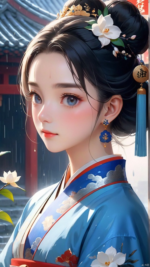 Textured skin,skin particles,masterpiece,best quality,8K,official art,ultra high res,In the misty rain in Jiangnan, a woman came toward her,Beautiful features, Look into the camera,blue clothes, Hanfu, falling horse bun, gardenia headwear, earrings, facing the audience, elegant and charming,