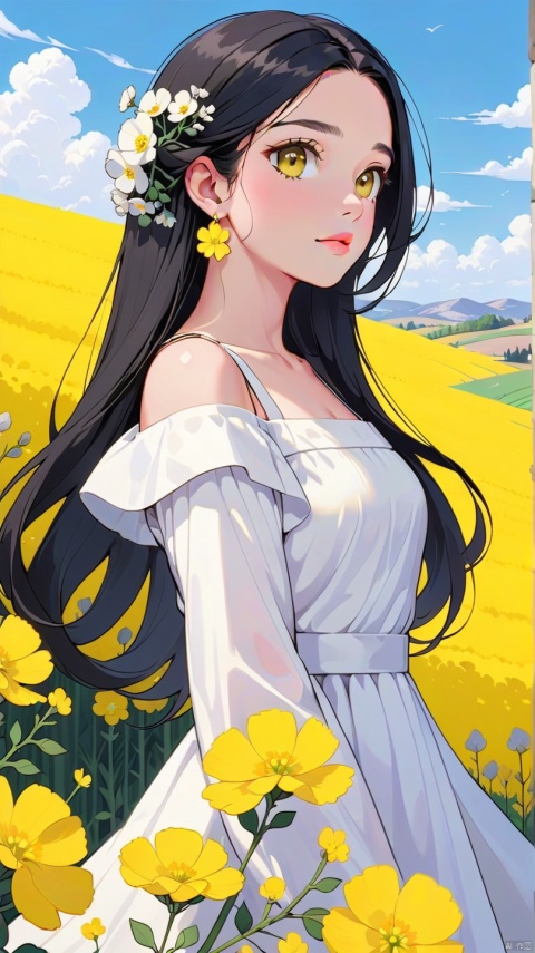 pixel art,1girl,solo,dress,black hair,long hair,earrings,beautiful eyes,look into the distance,white dress,sky,(yellow Rapeseed flowers:1.3),blue sky,looking up,outdoors,low position,day,realistic,lips,long sleeves,masterpiece,best quality,spring,color photos,Add details,dynamic effects,,
