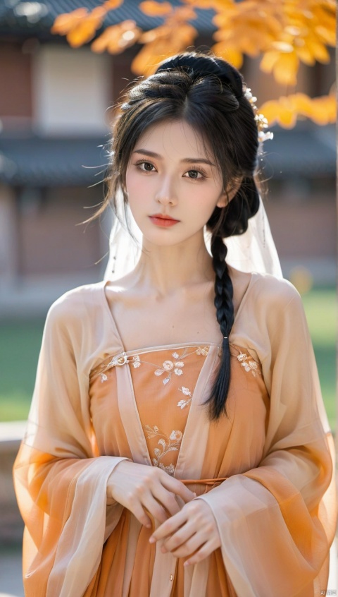 ,a girl,solo,in a Light orange dress,looking at viewer,upper body,outdoor,chinese clothes,hanfu,blurred background,