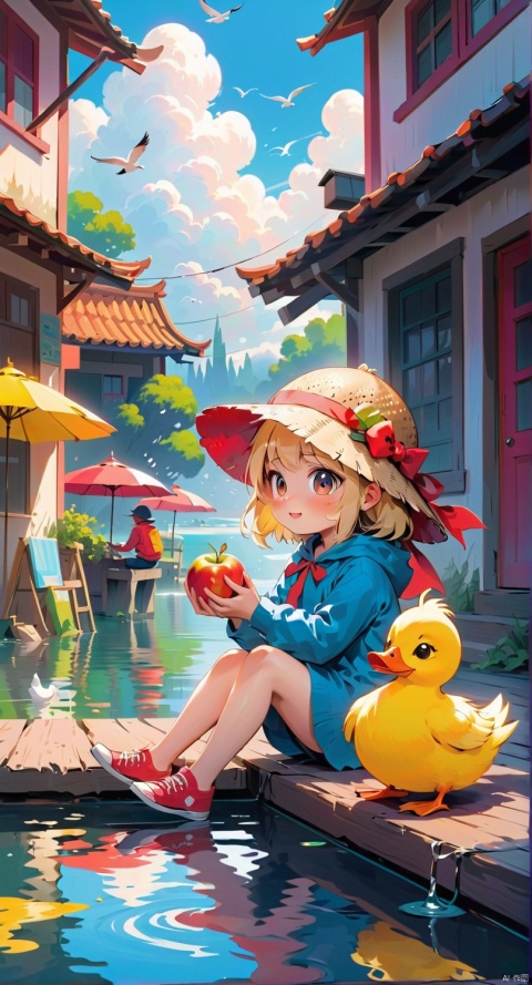 comic_style, children's_painting_style, bird, hat, fruit, animalization, clothed, sitting, water, no humans, food, cloud, fish, chain, Animal, sky, shadow, long sleeves, duck, flat color, outdoors, furry, smoke, blonde hair, dog, looking at another, standing, baby, cat,