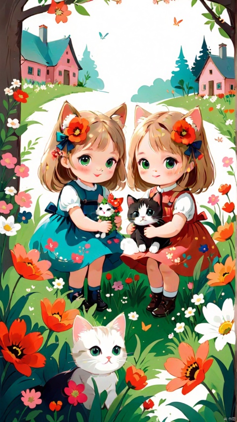 illustration, Flowers, little girls, cute kittens