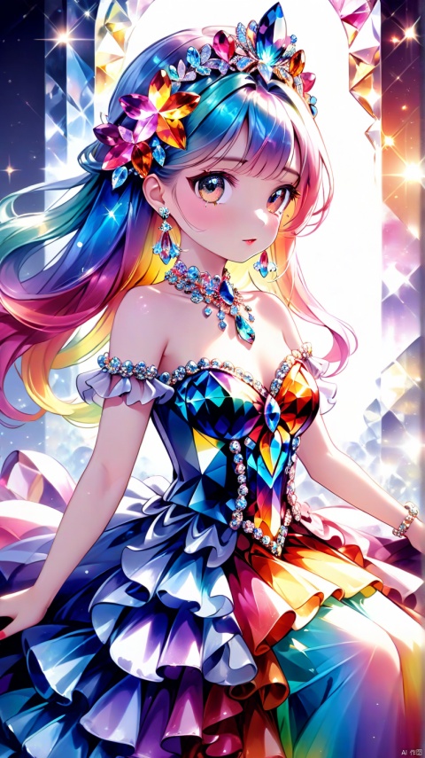 (Masterpiece), (Best quality), Extremely detailed, illustration, ((1girl)), (colorful dress: 1.5), (colorful crystal: 1.3), (colorful gradient hair:1.2), crystal headdress, crystal necklace, (body crystal:1.2), crystal shop, sitting posture,(colorful crystals:1.2),Crystal decoration, A crystal pendant,Crystal necklace,(colorfulhair:1.2),(Colorful dresses),High chiaroscuro, (huge crystal background:1.3), (colorful themes:1.5)