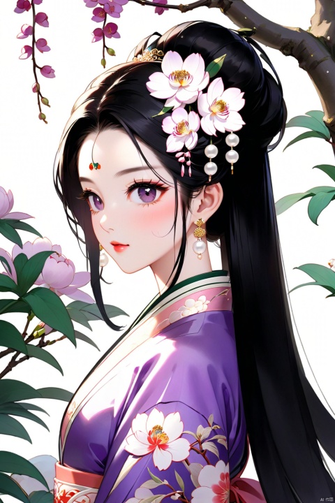 The garden was full of flowers. Under a cherry tree with its branches and leaves, there stood a beautiful woman in beautiful ancient costumes. Her long black hair was pulled up, adorned with jade hairpin and elegant pearl earrings. She wore a smoke-purple floor-length dress embroidered with flowers, peonies, orchids and peach blossoms. The waist is a hollow carved white jade belt. Under the carefully paved cobblestone path,