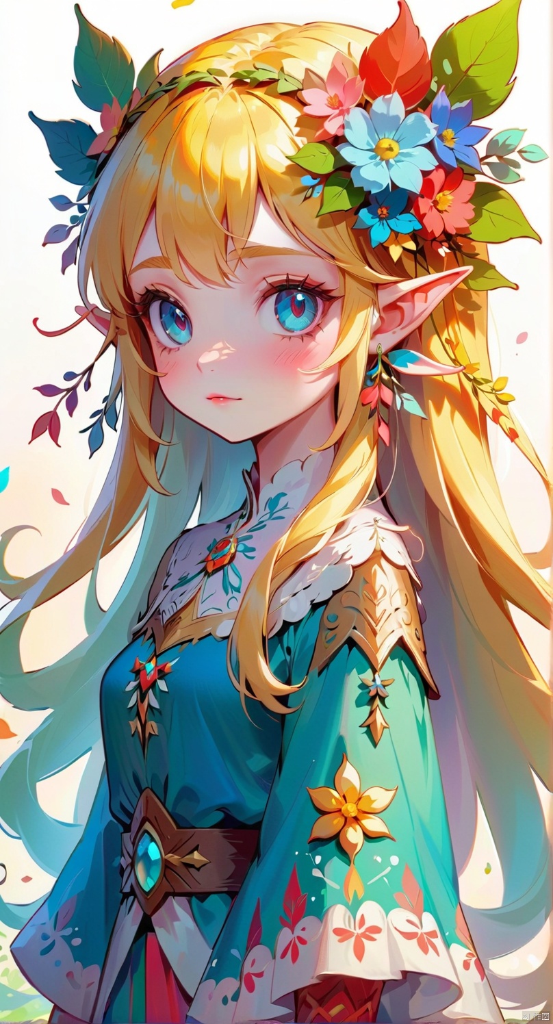 Illustrative style,1girl,front view,full body:1.4,young woman elf,cute cartoon character,She wore a garland of flowers on her head,Long blonde hair,blue eyes,vibrant colors,colorful,cute,adorable,intricately-detailed,delicate,beautiful,stunning,breathtaking,intricate detail,insanely high detail,volumetric lighting,fantasy background.flat,best quality,TT seecolor Flower field,
,
