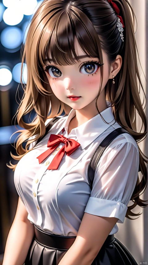 (masterpiece, best quality:1.2), looking at viewers, ((front)), close-up, (studio light), soft light, (Fujifilm XT3, EF 70mm, f/1.2:1.2), ultra realistic, extremely detailed CG unity 8k wallpaper, ((pure background)),a girl,(Perfect female body:1.2), (huge breasts:1.2),eye makeup, lip makeup, fashion trends, long hair, curly hair, bangs, hairpins, white shirts,Lace neckline,ties, short skirts, belts, pantyhose, Martin boots, Fashion magazine cover background,1990,kojima ayami style,