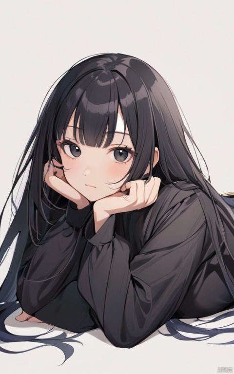 1girl, komi shouko, solo, long hair, looking at viewer, black eyes, black hair, white background, lying, simple background, bangs, on stomach, long sleeves, head rest, upper body, closed mouth