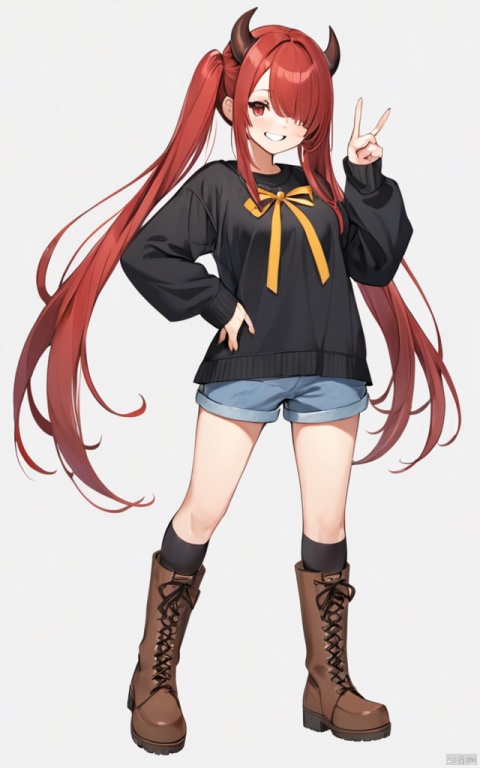 1girl, solo, red hair, horns, long hair, red eyes, hair over one eye, smile, twintails, boots, shorts, white background, full body, v, very long hair, brown footwear, simple background, long sleeves, looking at viewer, blue shorts, grin, standing, cross-laced footwear, breasts, yellow ribbon, black sweater, black shirt, blush, ribbon, shirt, bangs