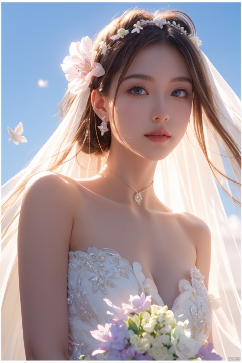 ((Fujifilm)), super bright scene, very bright backlighting, solo, 
{detailed eyes},{gradient blonde hair},{gradient blue eyes}, Cherry blossoms,large breast,flying petals,mountain,flowers meadows, detailed background, outdoors, {delicate wedding dress},transparent cloth, neck ribbon, bridal gauntlets, bridal veil, hair ornament, hair flower, bouquet,wedding band,cinematic angle,multiple views,standing
natural and soft light, hair blown by the breeze, delicate facial features,full_body