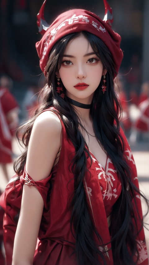 Masterpiece, Ultimate, (A girl was bound with red cloth:1.5),  silk, cocoon, spider web, Solo, Complex Details, Color Differences, Realistic, (Moderate Breath), Off Shoulder, Eightfold Goddess, Pink Long Hair, Red Headwear,  Hair Above One Eye, Green Eyes, Earrings, Sharp Eyes, Perfect Fit, Choker, Dim Lights,cocoon,transparent,huliya,1girl,bj_Devil_angel