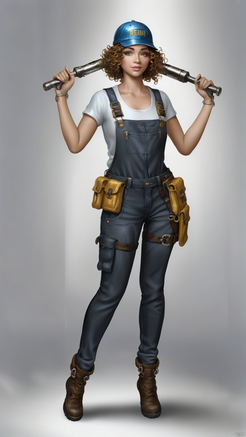 The female repairman wore a close-fitting short work jacket and low-waisted slim overalls, showing off her charming curves and some mechanically oily skin. There are several metallic bracelets hanging on her arms, her hair is naturally curly, and she wears a fashionable work hat. Holding a repair tool, her eyes reveal her love for machinery and her confidence in technology.
