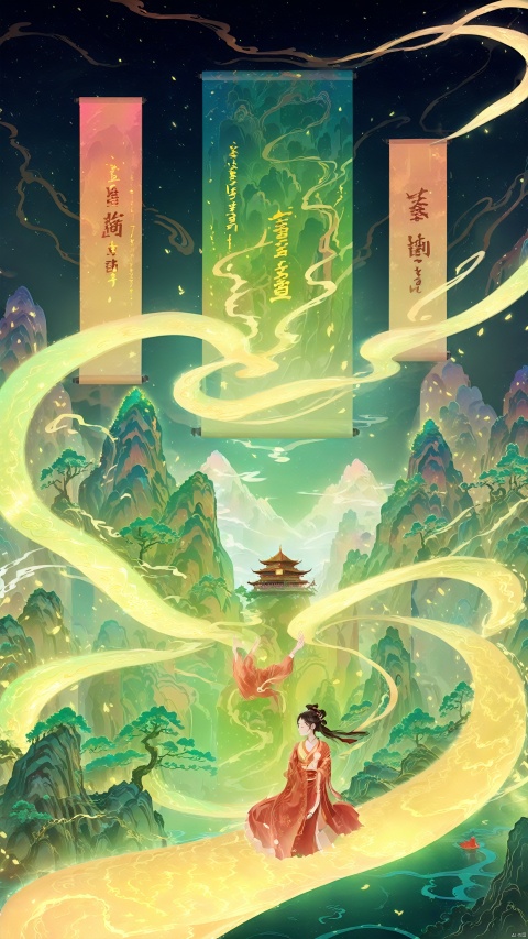 Ash,(Huge scroll floating in the sky) A girl, fantasy concept, glowing text color river particles, scenery, trees, mountains, Zen Chinese festival aesthetics