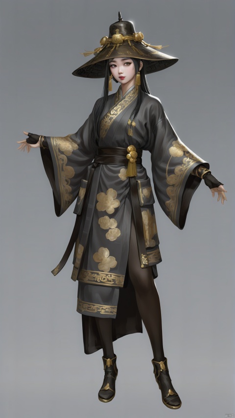 A Chinese girl wears a fashionable Chinese robe, mainly in dark gray tone, with dark brown stockings, which shows the vicissitudes of wastage, but also reveals a trace of fashion and elegance. The robe is dotted with gold patterns and lines, like a touch of luxury in the wasteland. He wore a wide-brimmed black hat with a few golden tassels hanging from the brim, and his eyes revealed a deep intelligence and ease