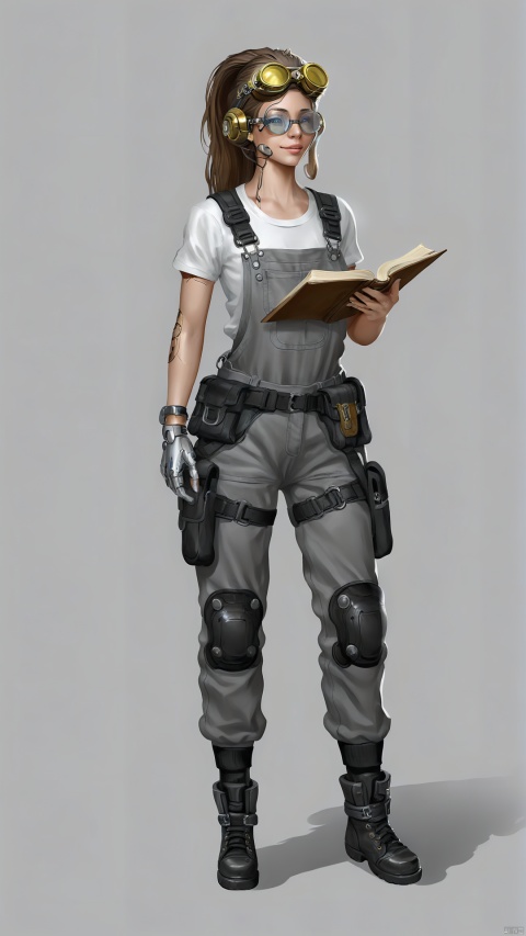 The female engineer wore slim-fitting gray overalls and a fashionable long-sleeved T-shirt, showing off her slender figure and skin stained by some mechanical oil. There are several metallic bangles and bracelets hanging on her arms, her hair is tied into a fashionable ponytail, and she is wearing a pair of fashionable goggles. Holding a stylish wasteland drawing book and a delicate pen, her eyes reveal her passion for aerospace technology and the exploration of the unknown universe.