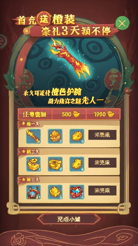 Game cartoon style, red theme, interface activity ui, national tide, Chinese text, pattern, reward, black background