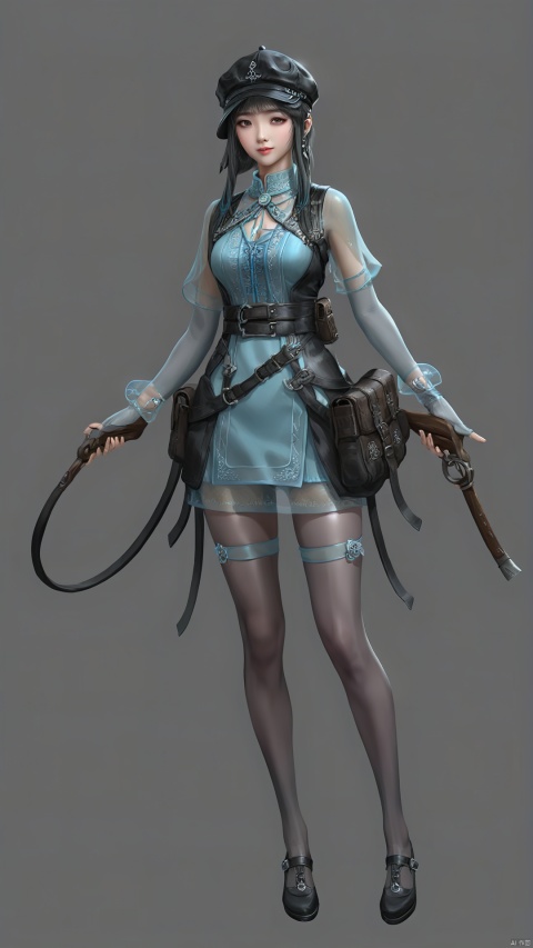 Chinese girl a set of fashionable adventure clothes, light blue dress showing slim legs, with a pair of transparent gray stockings, showing fashion and adventure temperament. The dress was embellished with silver metallic embellishments, highlighting her fashion sense. He wore a black adventure hat with a string of metal buckles hanging from the brim, and his eyes shone with the spirit of bravery and exploration