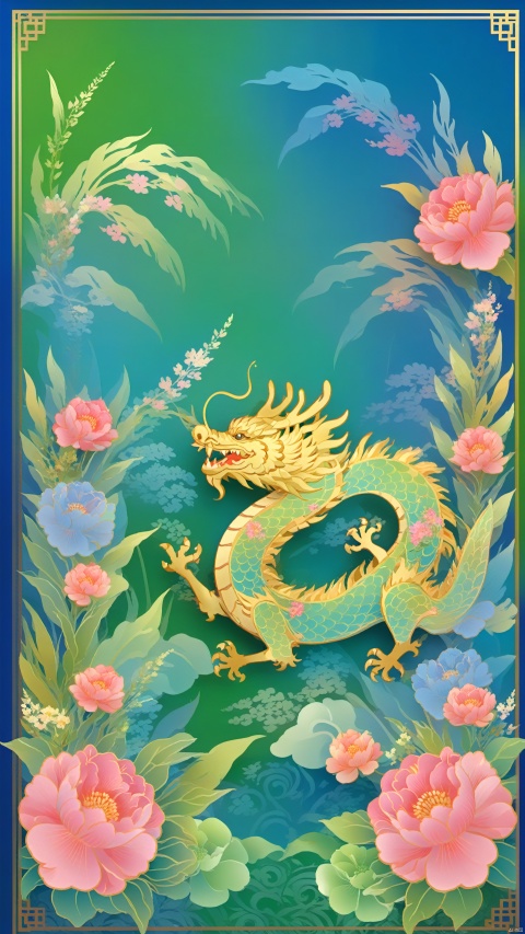 (Fantasy color) Dragon King, design border, grass, flowers, blue Oriental dragon, full, with Chinese traditional Oriental rhyme